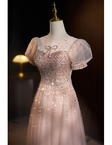 Romantic Tulle Champagne Formal Flowy Prom Dress