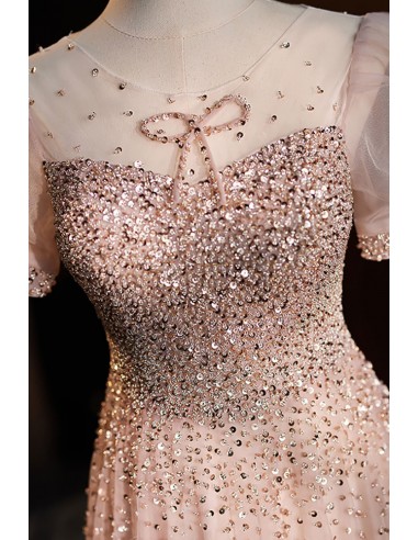 Flowy Aline Long Tulle Champagne Prom Dress with Bubble Sleeves - $288.992  #MS18229 - SheProm.com