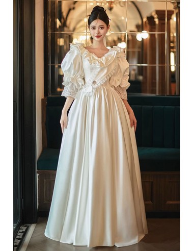 Retro Satin Lace Wedding Dress with Bubble Sleeves