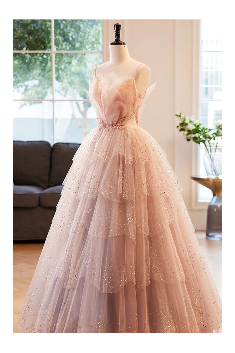 Fairytale Blushing Pink High Neck Ball Gown Prom Dresses 2023 Cap Sleeves  Crossed Straps Sweep Train Quinceañera Formal Dresses