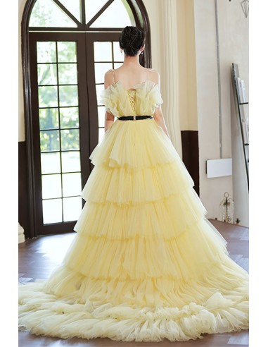 Elegant Off-the-Shoulder Yellow Tulle Prom Gown Beaded Floral Evening Dress DP8062