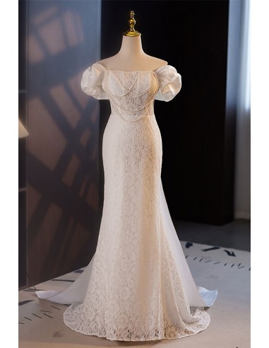 Gorgeous Off Shoulder White Mermaid Lace Wedding Party Dress