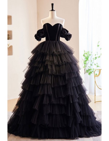 Puffy Ballgown Ruffled Tulle Black Prom Dress