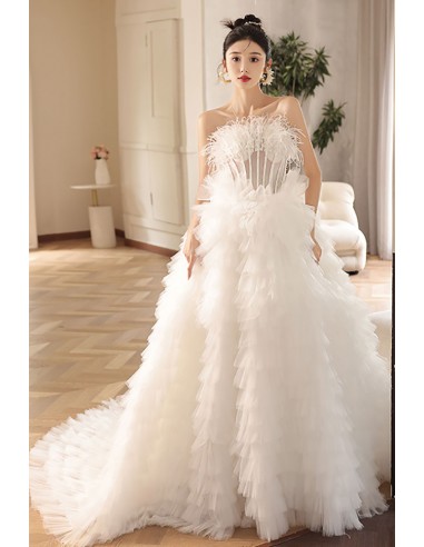 Strapless White Ballgown Tulle Wedding Dress with Train