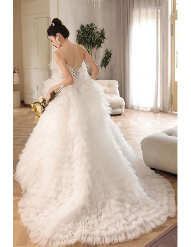 White Tulle  Strapless Wedding Dress With Detachable Train