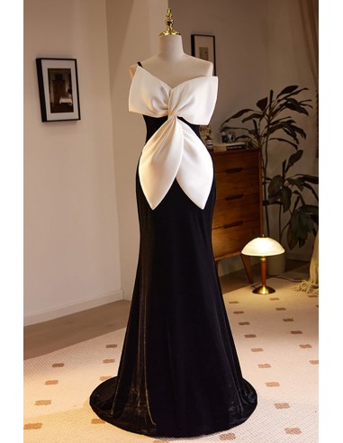 Formal Long Black And White Mermaid Dress with Big Bow