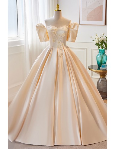 Elegant Satin Off Shoulder Champagne Prom Dress with Flowers
