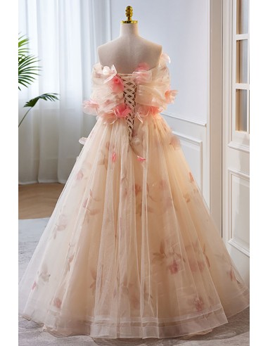 Cute Off The Shoulder Tulle Print Floral A Line Ball Gown Long Prom Dress cc2814 main image 1