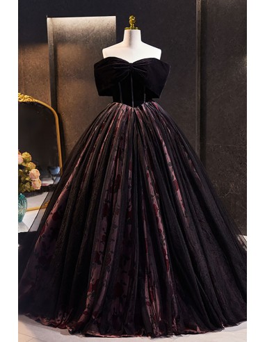 Unique Formal Long Black Ballgown Prom Dress with Printed Flowers