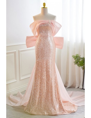 Sparkly Sequins Pink Mermaid Prom Dress with Big Bow In Back