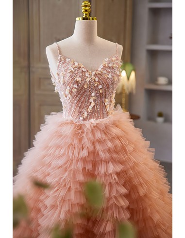 strapless open back dress Sparkly Formal Ball Gown Evening Dress with Shoulder Bows Pink / 6