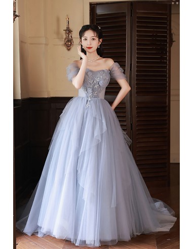 Off Shoulder Blue Tulle Ballgown Prom Dress with Appliques - $168.992 # ...