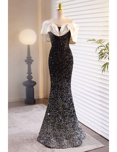 Bling Black Sequined Long Prom Dress Off Shoulder