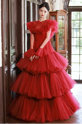 Red Tulle Ruffled Ballgown...