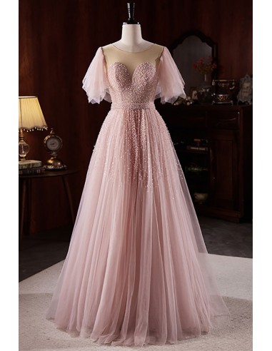 Elegant Pink Tulle Long Prom Dress with Tulle Sleeves