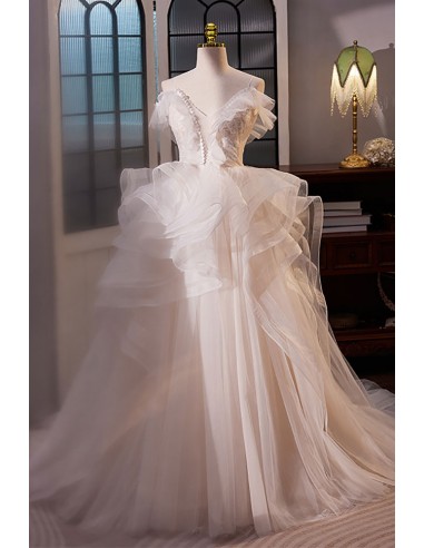 Vneck Ballgown Ruffled Tulle Wedding Dress
