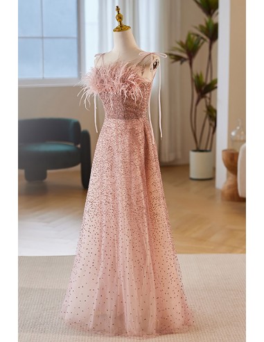 Trendy A-line Straps Shiny Junior Pink Long Prom Gown SREAL114