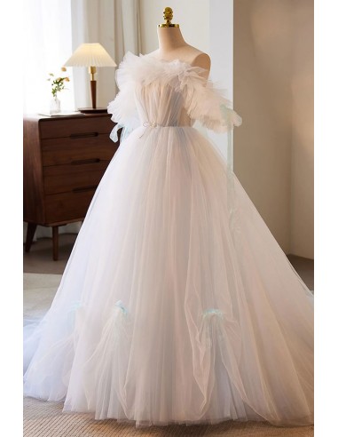 Modest Ball Gown Off The Shoulder Short Sleeves White Tulle Long Prom Dress C937