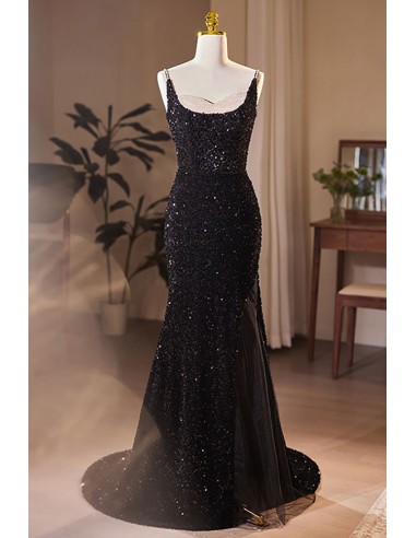 Formal Long Black Sequins Mermaid Evening Prom Dress Backless
