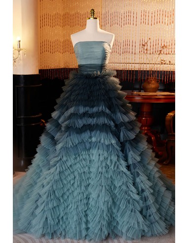 Chiffon Strapless Ball Gown Ruffle Prom Dress With Bow Dusty Blue main image 1