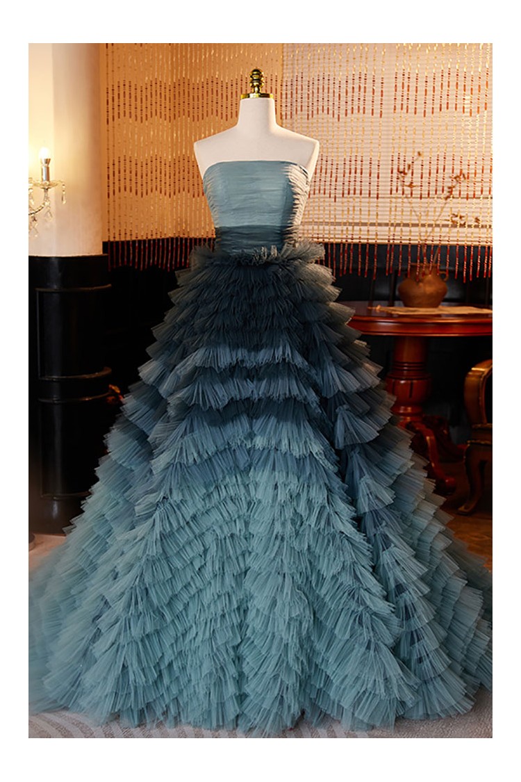 Strapless Dusty Blue Ruffed Long Ballgown Prom Dress - $242.992 # ...