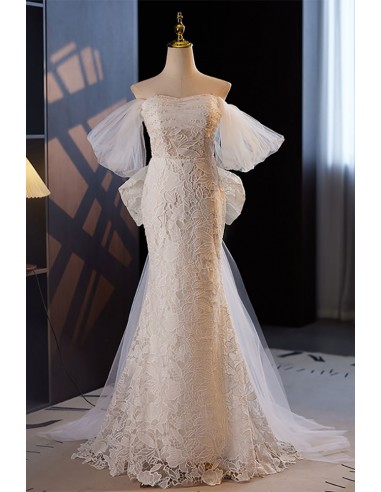 Off Shoulder White Mermaid Lace Wedding Dress with Train