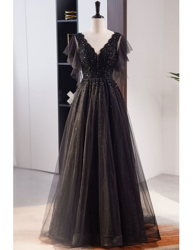 Bling Black Tulle Vneck Prom Dress with Puffy Sleeves