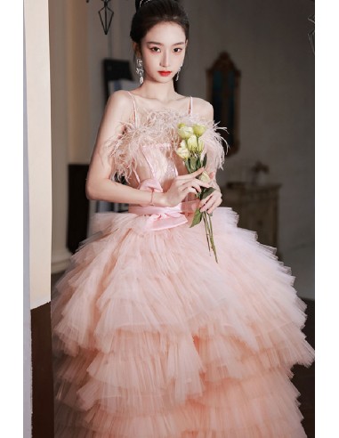 Trendy Princess Pink Sequins Top Sheer Junior Ruffle Two Piece Prom Gown JTE566 main image 1