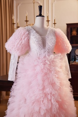 Sweet Light Pink Puffy Sleeves A-Line Long Party Dress,DP1890 main image 1