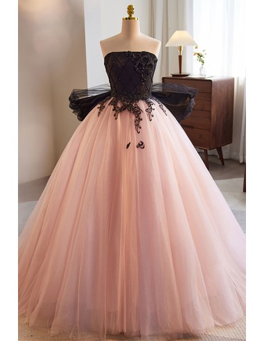 Strapless Black And Pink Tulle Big Ballgown Prom Dress with Appliques