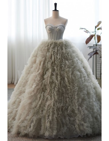 Sweetheart Grey Ruffled Big Ballgown Prom Dress For Formal