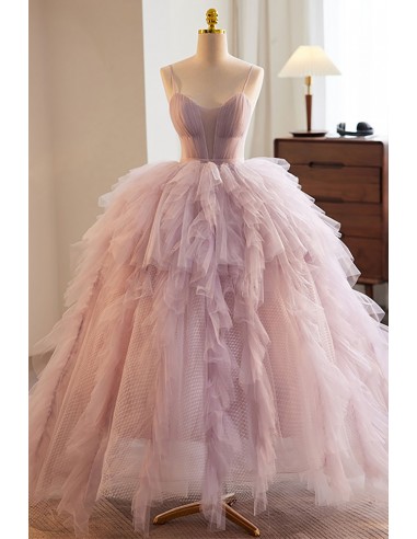 Stunning Pink Purple Puffy Ballgown Tulle Prom Dress with Spaghetti Straps