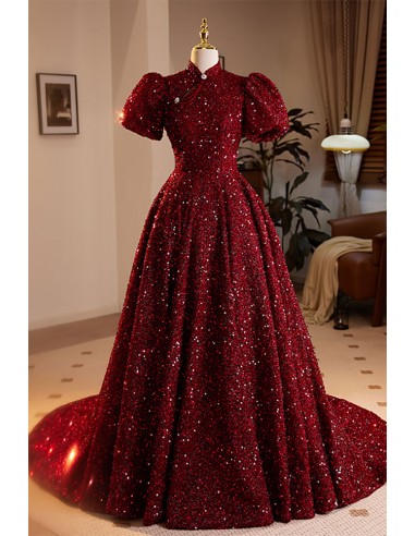 Sparkly Ballgown Sequins Long Prom Dress with Bubble Sleeves