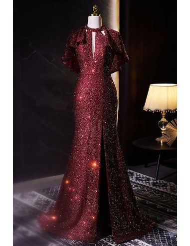 Sparkly Sequined Burgundy Mermaid Prom Dress with Split Front