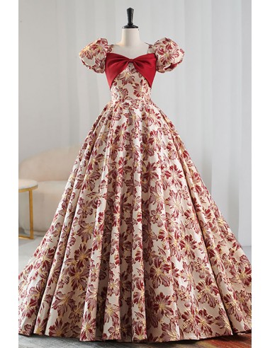 Burgundy Floral Patterns Ballgown Prom Dress with Bubble Sleeves