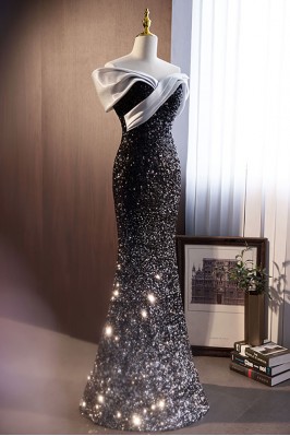 9141 Black Sequined Mermaid Evening Dress