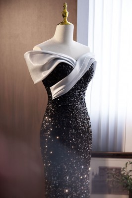 Sparkly Black Sequined Mermaid Ball Dress With Long Sleeves