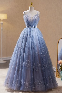 Blue Long Tulle Sequined...