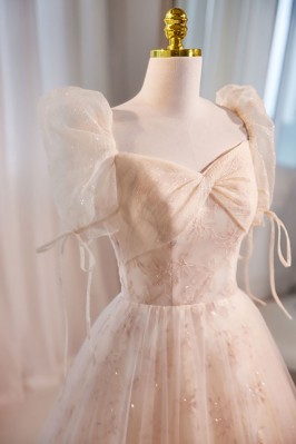 Champagne Puffy Sleeves Tulle Long Evening Dress, Champagne Party Dress Prom Dress