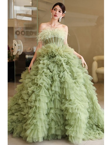 Strapless Ballgown Green Ruffled Tulle Prom Dress For Formal