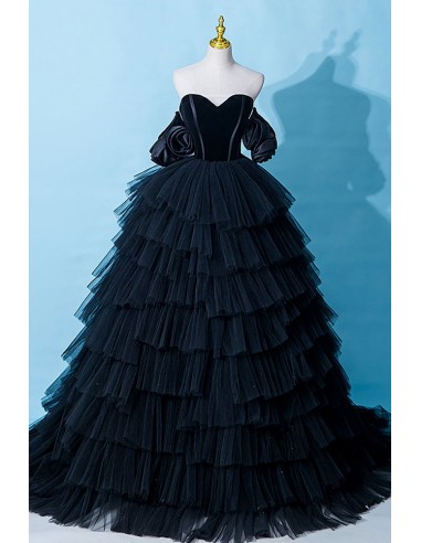 Ruffled Black Tulle Ballgown Prom Dress