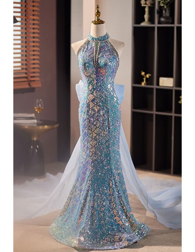 Unique Mermaid Long Sparkly Sequins Blue Prom Dress with Train