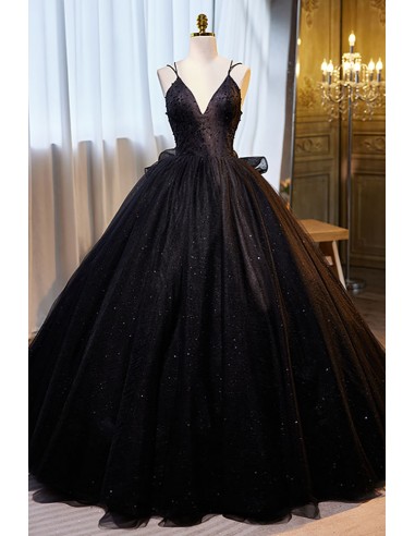 Black Ballgown Formal Long Prom Dress Vneck with Train