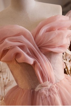 open lace back dress Off the Shoulder Pink Tulle Prom Dresses, Pink Tulle Long Formal Gradu –  Eip Collection main image 0