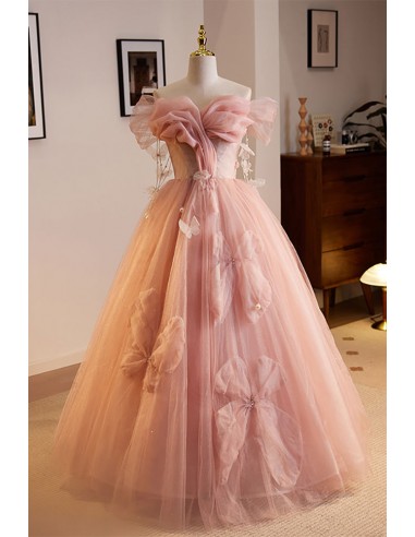 Charming Pink Off Shoulder Ballgown Long Prom Dress with Flowers