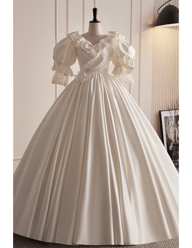 Retro Unique Satin Ballgown Wedding Dress Vneck with Bubble Sleeves