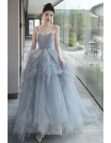 Puffy Tulle Dusty Grey Blue Ballgown Prom Dress with Straps