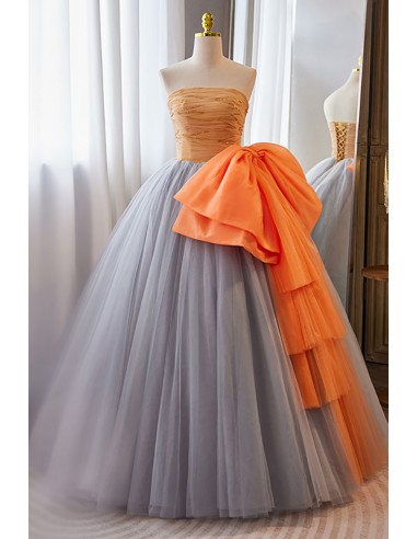 Color Blocks Big Bow Ballgown Tulle Formal Dress Strapless