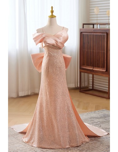 Unique Mermaid Long Pink Prom Dress with Big Bow Train