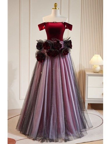 Burgundy Flowers Unique Formal Dress with Bling Tulle
